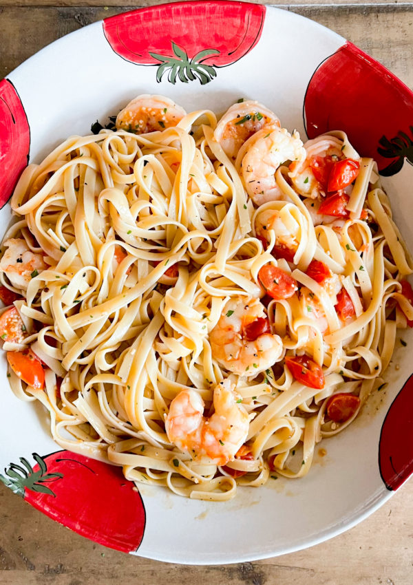 Easy Dinner: Garlic Butter + Tomato Shrimp Fettuccini